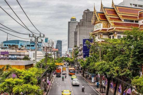 Buddhist temple beside modern towers in Bangkok, a picture of old and new Thai words for gender identity existing side by side